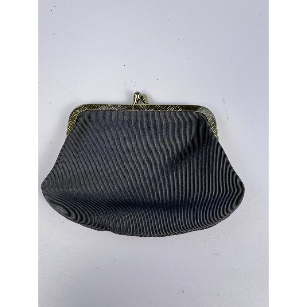 Vintage Black Fabric Coin Purse Gold Tone Kiss Lock Clasp Evening Change Purse